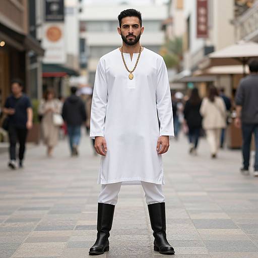 Photograph of a bearded man in white traditional long tunic, white pants, black boots, gold necklace, standing in a busy urban street with