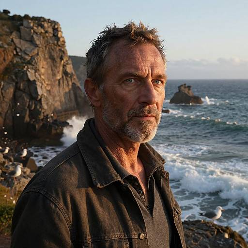 Middle-aged man with graying hair and beard, wearing black shirt, stands by rocky coastal cliff with ocean waves and seagulls in background. Photograph