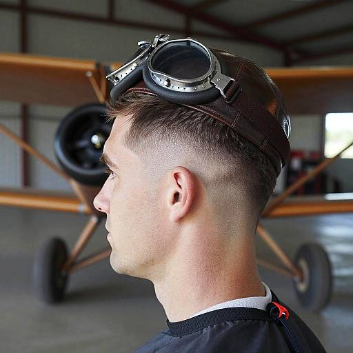 Photograph of a young man with short, buzzcut hair, wearing aviator goggles on his head, profile view, in a hangar with a