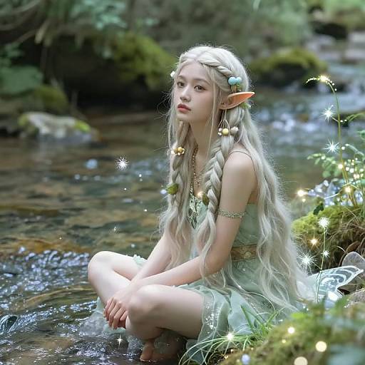 Digital artwork of a pale-skinned, elf-like girl with long braided silver hair, green dress, and pointed ears, sitting by a sparkling forest