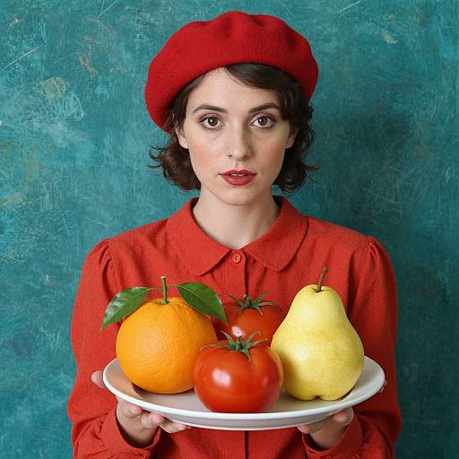 Photograph of a fair-skinned woman with dark hair, red beret, and red shirt, holding a white plate with orange, tomato, pear