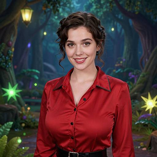 Photorealistic CGI of a smiling woman with dark curly hair, wearing a red button-up shirt, in a magical forest with glowing stars and lanterns
