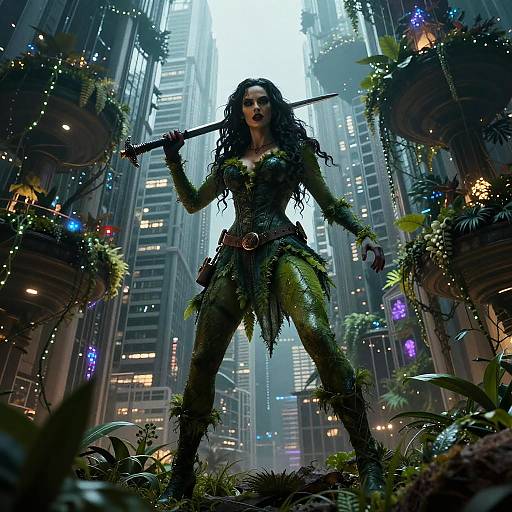 Digital artwork: Dark-haired woman in green, leafy warrior outfit with sword, standing confidently in a foggy, overgrown urban canyon.