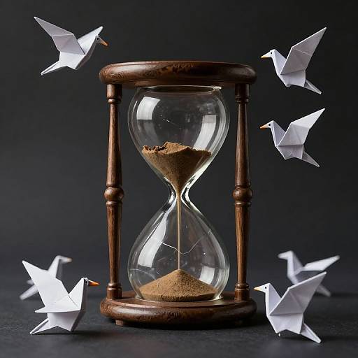 Photograph: Wooden hourglass with sand, surrounded by five white paper birds, flying against a dark background, symbolizing time passing.