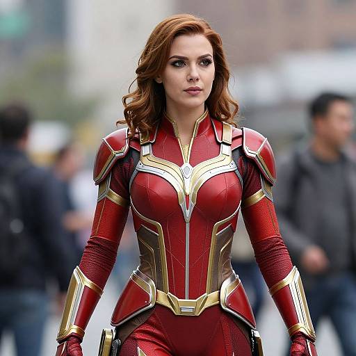 Photograph of a red-haired woman in a red and gold Iron Man-inspired superhero suit, standing confidently in a blurred urban background.