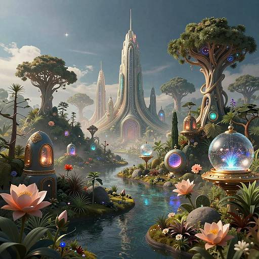 Fantasy digital artwork: enchanted garden with glowing orbs, pink lotus flowers, illuminated treehouses, and a futuristic, towering crystal city in the background