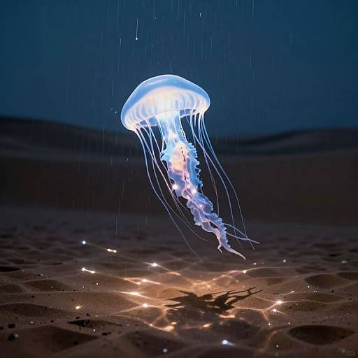 Photograph of a glowing, translucent jellyfish with long, flowing tentacles, illuminated against a dark, sandy beach at night.