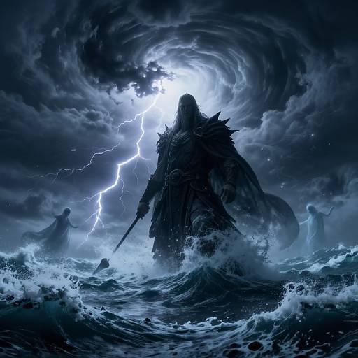 Digital fantasy artwork of a dark, armored figure wielding a sword, standing in turbulent waves under a swirling, lightning-filled stormy sky.