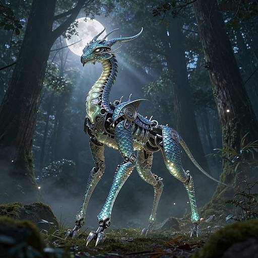Digital art of a glowing, blue metallic dragon with intricate armor in a dark, moonlit forest. Light beams highlight its shimmering scales. Mystical