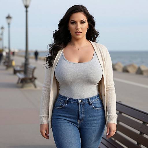 Photograph of a curvy woman with long black hair, wearing a white tank top, beige cardigan, and blue jeans, walking on a seaside