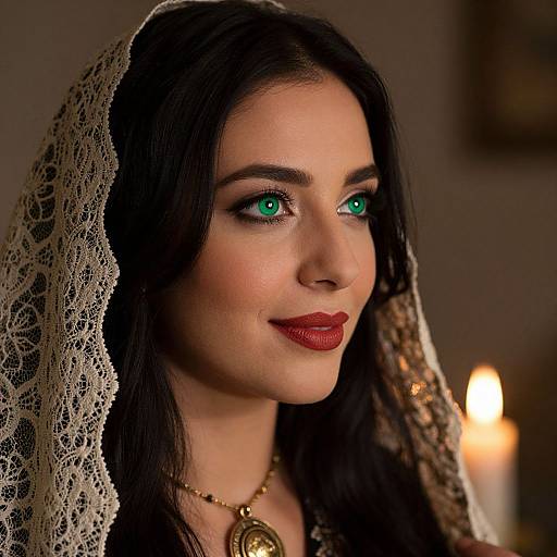 Photograph of a woman with striking green eyes, dark hair, and red lipstick, wearing a lace veil and gold necklace, lit by soft candlelight