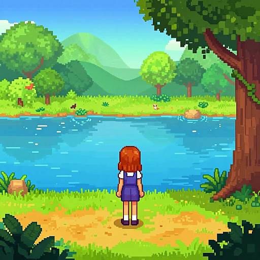 Pixel art: Red-haired girl in blue dress stands by vibrant pond, surrounded by lush green trees and mountains under a bright blue sky.