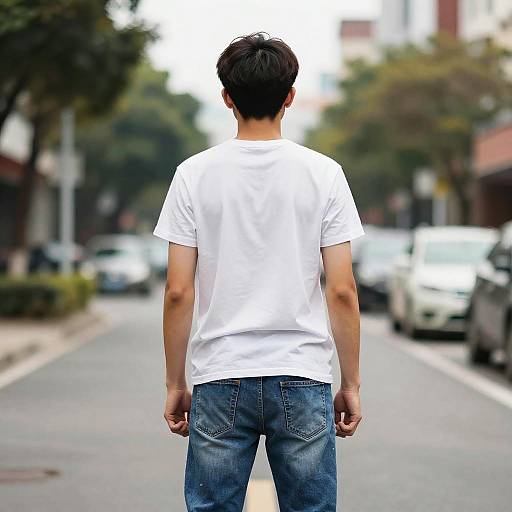 Young man in white t-shirt and jeans from behind