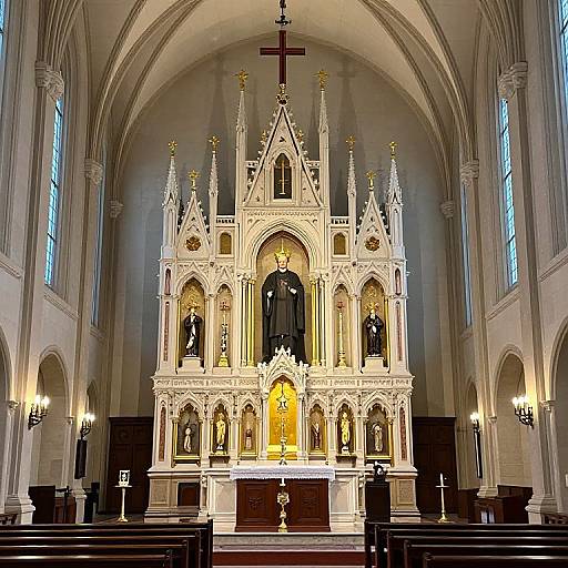 Photograph of an ornate, white Gothic-style altar with gold accents, crucifix, and statues of saints in a dimly lit, vaulted