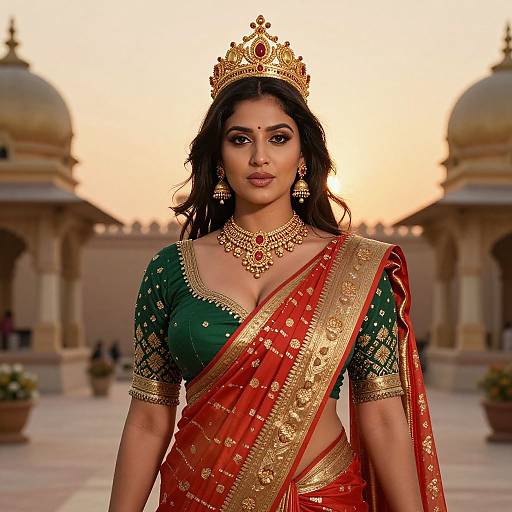 Photograph of a regal Indian woman in a green and red sari, gold jewelry, and crown, standing in a sunlit courtyard with dom