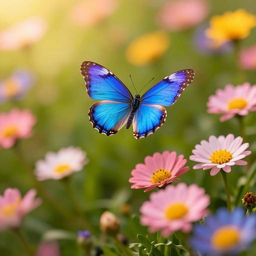 Photograph of a vibrant blue butterfly with black and white-spotted wings, fluttering above pink and white daisy flowers in a sunlit, green