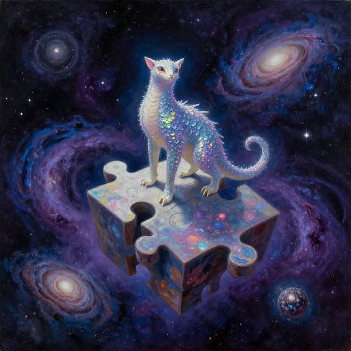 Digital art of a glowing, white, sparkly cat with red eyes, standing on a floating, multicolored puzzle piece in a cosmic, star