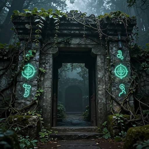 Mysterious, foggy ancient stone portal covered in vines, with glowing neon green runes on both sides, set in a dense forest.