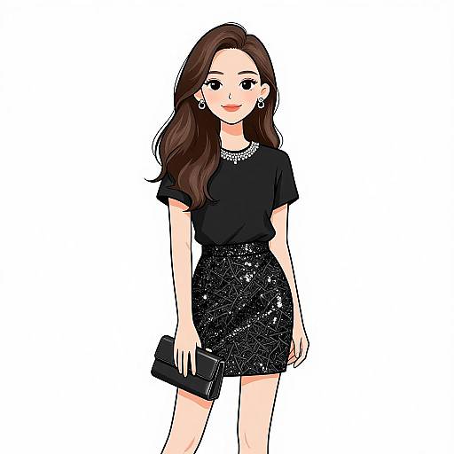 Digital illustration of a stylish woman with long brown hair, wearing a black top, sequined black skirt, silver necklace, and holding a black clutch,
