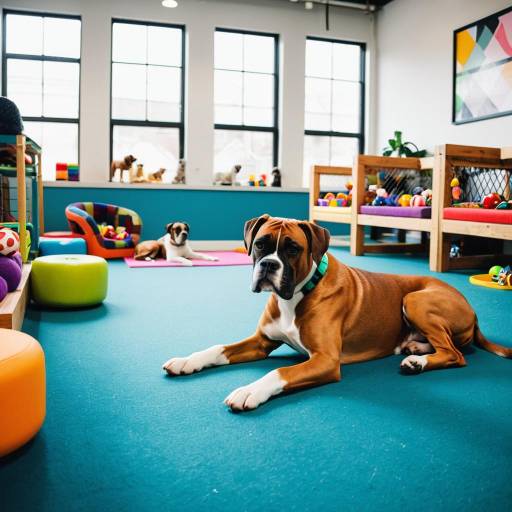 Boxer Dog Relaxing in Colorful Dog Daycare