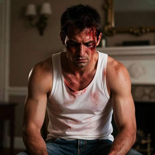 Pained Muscular Man in Dim Light