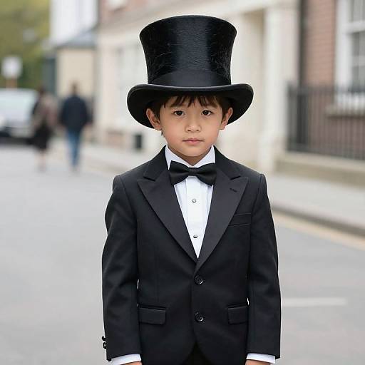Photograph of a young Asian boy in a black top hat, formal black tuxedo, and bow tie, standing on a blurred urban street.
