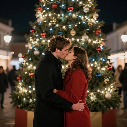 Couple Kissing by Bright Christmas Tree