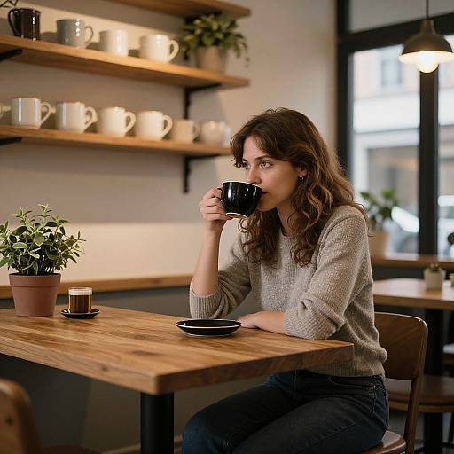 Photograph of a young woman with wavy brown hair, wearing a beige sweater, sipping coffee at a rustic wooden table in a cozy café with