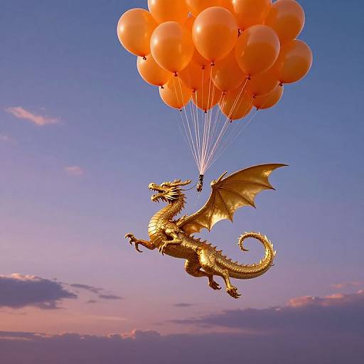 Golden dragon with outstretched wings, flying with orange balloons against a purple and pink sunset sky, photographed in vibrant colors.