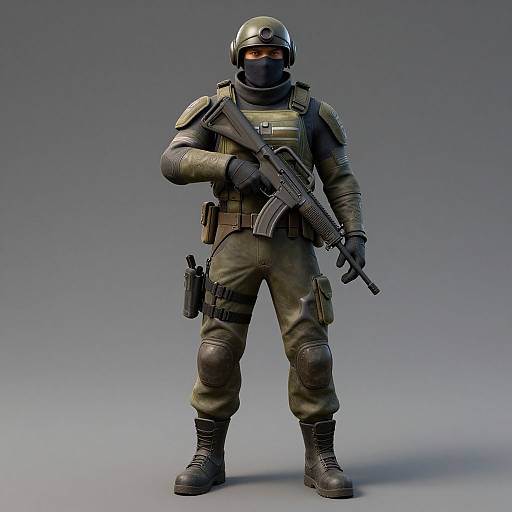 Photorealistic CGI of a male soldier in full tactical gear, holding a rifle, wearing a helmet, and standing against a gradient gray background.