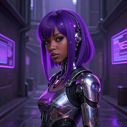 Cyberpunk CGI: Purple-haired woman with shiny, metallic robotic arms and chest stands in neon-lit, futuristic alley at night.