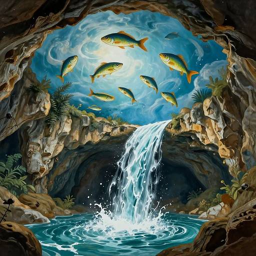Digital painting of a cave with a waterfall, surrounded by colorful fish swimming in a blue sky above, lush greenery, and rocky cliffs.