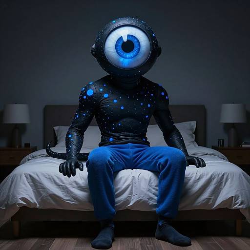 Photograph of a person with a glowing, blue-eyed, black space-patterned mask, wearing blue jeans and black shirt, sitting on a white bed