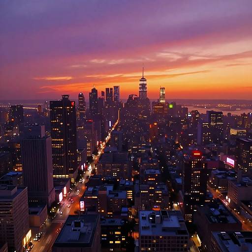 Photograph of a vibrant city skyline at sunset, with purple, orange, and pink sky, illuminated skyscrapers, and glowing streetlights.