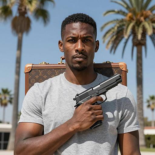 Determined Guy with Handgun and Suitcase