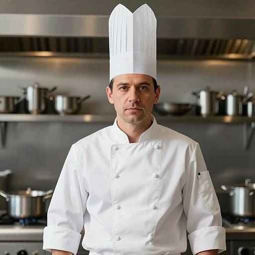 Photograph of a serious male chef with medium skin tone, short dark hair, wearing a tall white chef's hat and double-breasted white chef coat
