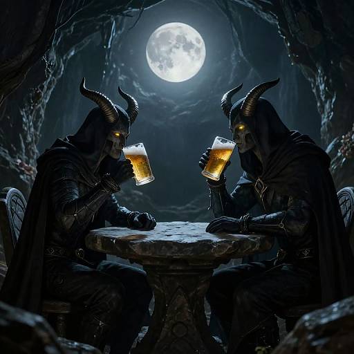 Digital artwork of two horned demons with glowing yellow eyes, drinking beer in a dark cave under a full moon.