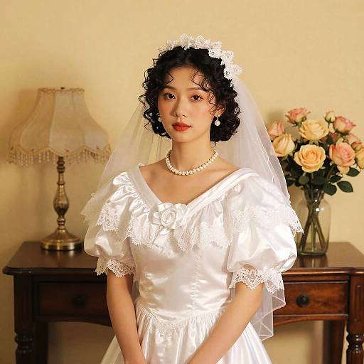 Photograph of an Asian bride with short curly black hair, wearing a white lace wedding dress, pearl necklace, and veil, standing in a warmly lit