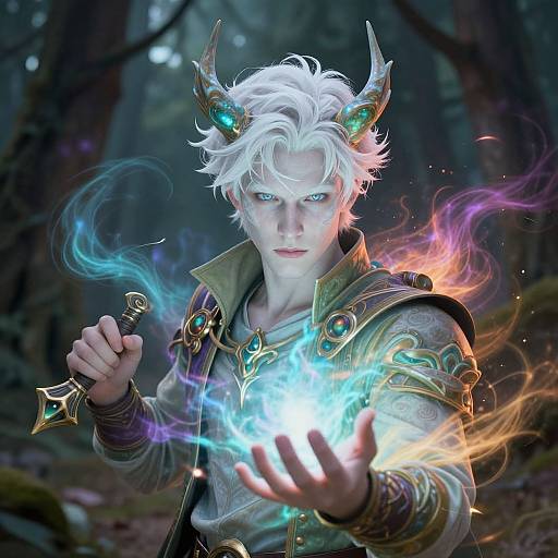 Digital fantasy artwork of a white-haired, horned mage with glowing blue eyes, conjuring colorful magical fire in a dark forest.