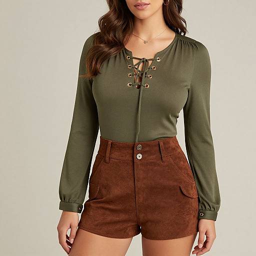 Photograph of a woman with long brown hair, wearing an olive green lace-up blouse and high-waisted brown suede shorts.