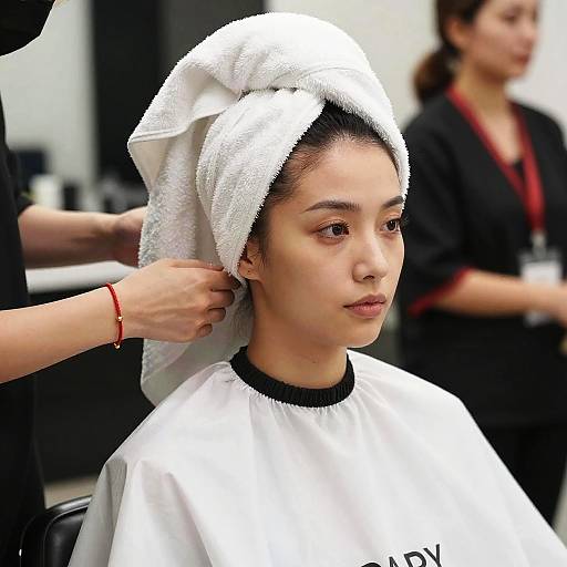 Photograph of an Asian woman with a white towel wrapped around her head, sitting in a salon, wearing a white beauty cape, with a stylist adjusting