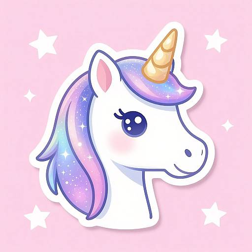 Cute, pastel-colored unicorn head illustration with a shimmering purple and pink mane, golden horn, and sparkling eyes, set against a pink background