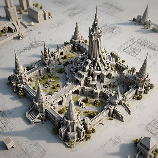 3D CGI rendering of a detailed, gothic-style cathedral complex with multiple spires, intricate architecture, and small green trees, set against a grey