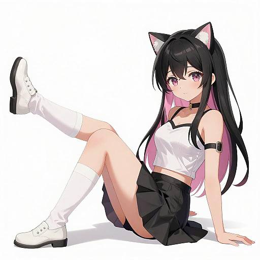 Anime Girl with Cat Ears Sitting