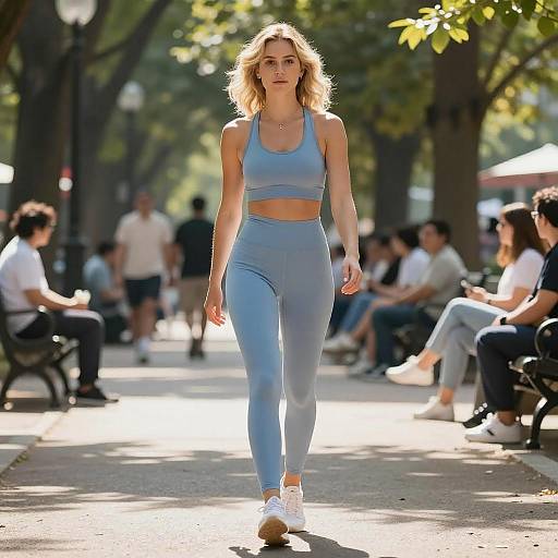 Photograph of a blonde woman with wavy hair, wearing a light blue sports bra and high-waisted leggings, walking confidently on a sunny park