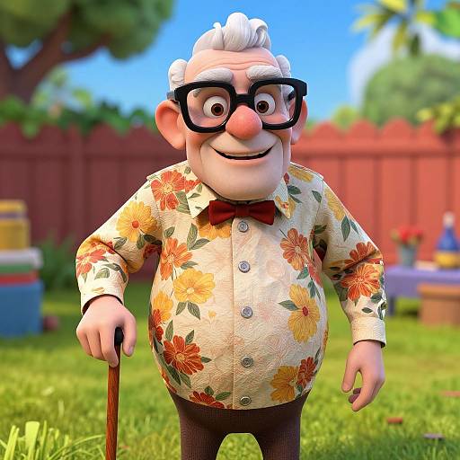 CGI image of a chubby, elderly man with white hair, black glasses, floral shirt, red bowtie, holding a cane, standing in a
