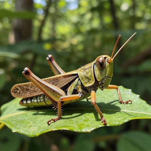 Close-up photograph of a green grasshopper with brown legs and wings, perched on a bright green leaf in a sunlit forest.