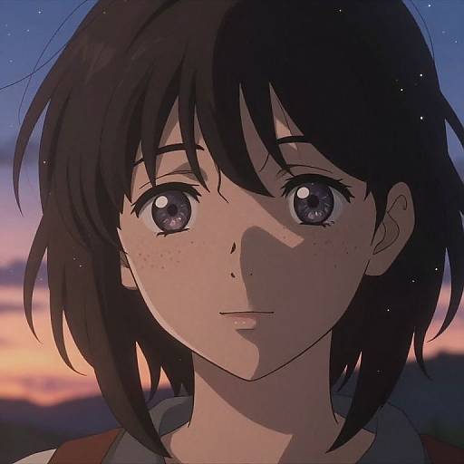 Anime-style digital drawing of a young girl with short black hair, large purple eyes, and freckles, gazing at a twilight sky.