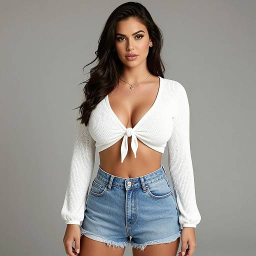 Photograph of a confident woman with long black hair, wearing a white knotted crop top and high-waisted denim shorts, against a plain gray