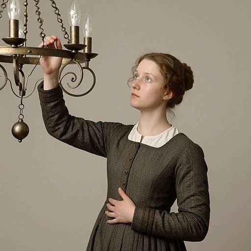 Photograph of a pale-skinned, brown-haired woman in a Victorian-style black dress with white collar, examining a vintage brass chandelier with lit candles